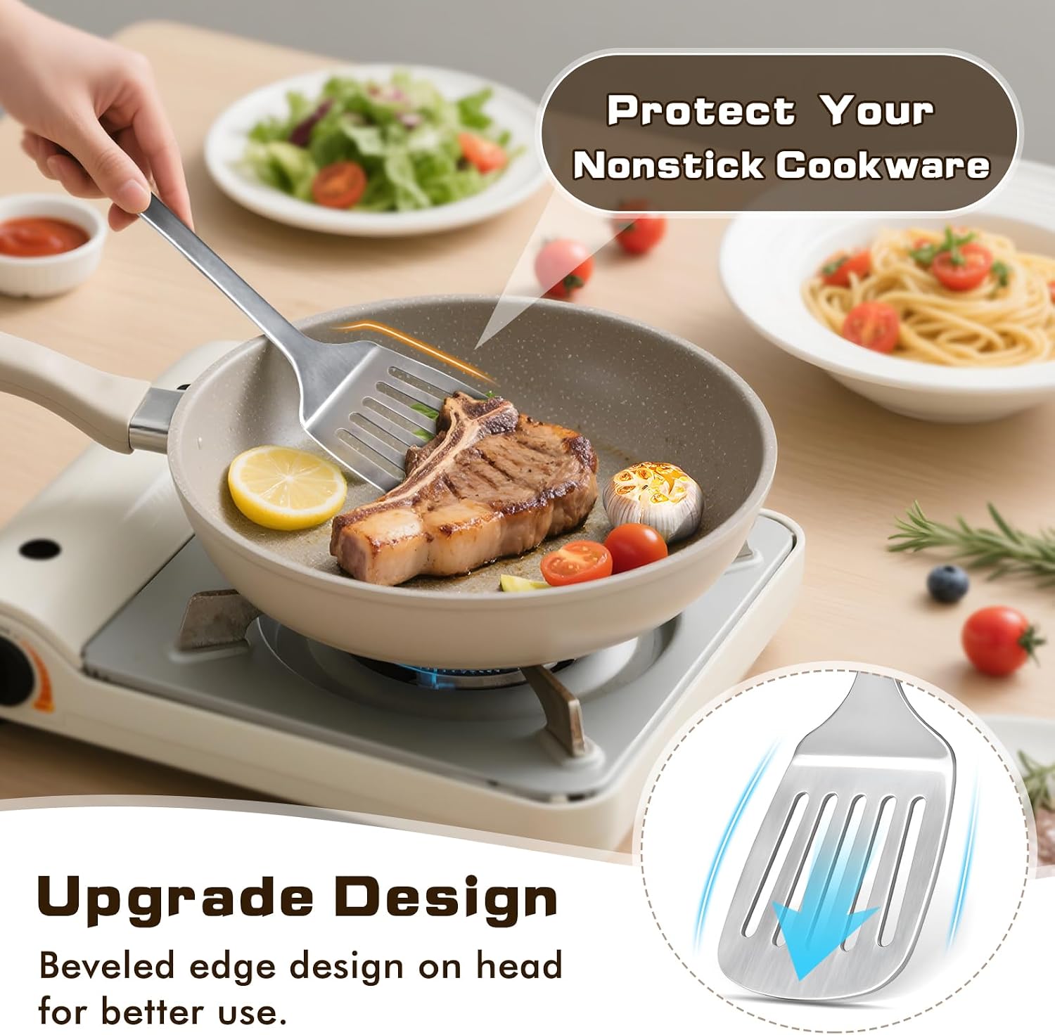 Thumbnail 4 de 4-Piece Stainless Steel Cooking Utensils Set (Solid & Slotted Turner, Wok Spatula, Serving Spoon)