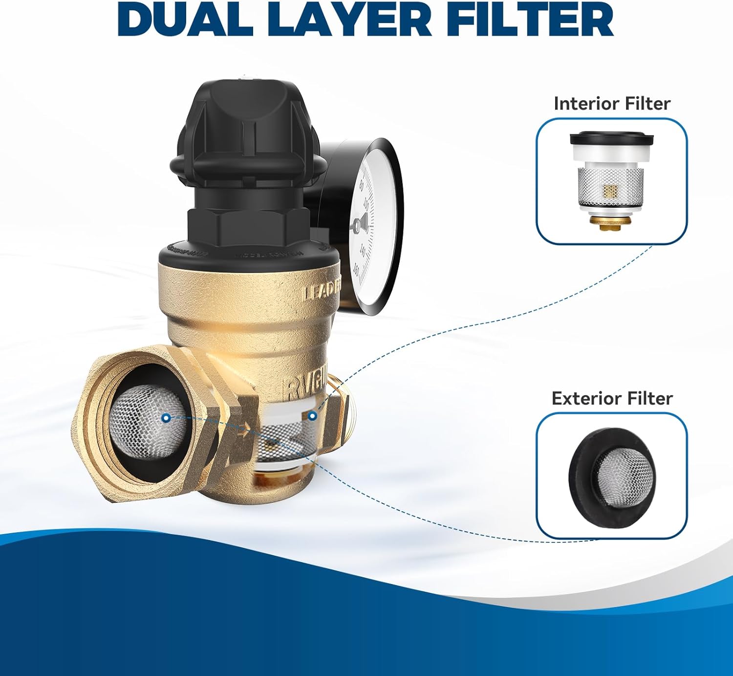 Detalle de RVGUARD RV Water Pressure Regulator Valve 50 PSI