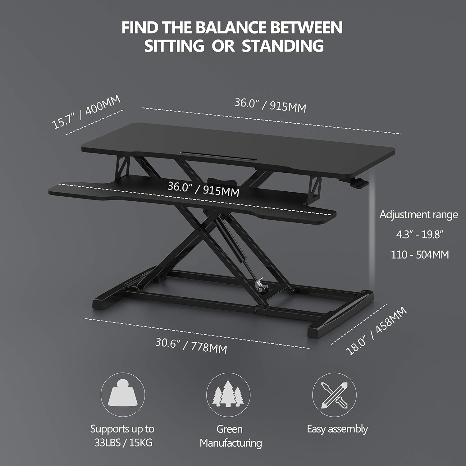 Thumbnail 3 de FITUEYES 36" Height Adjustable Standing Desk Converter (SD309101WB) – Sit-to-Stand Riser for Laptops and Dual Monitors