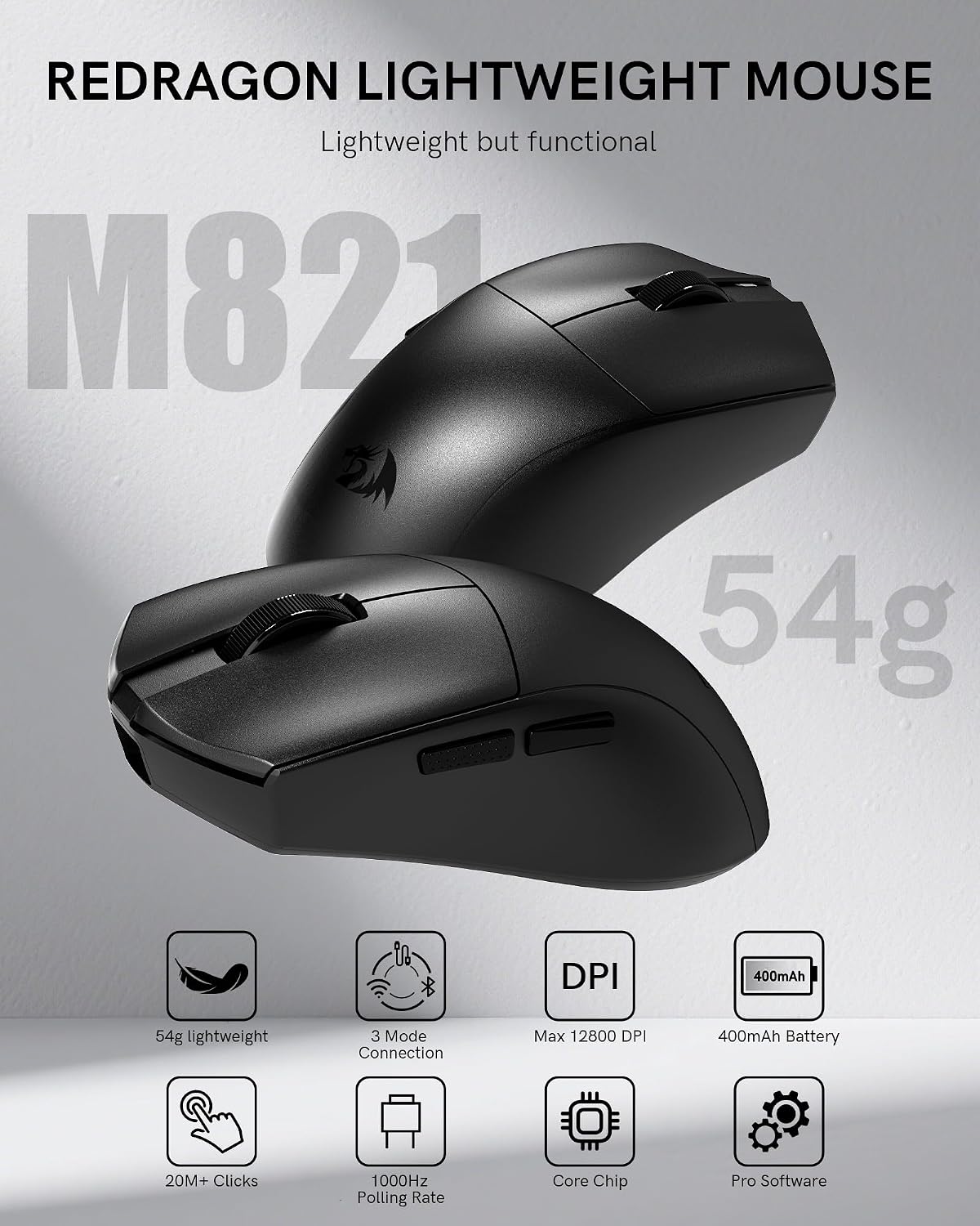 Detalle 2 de Redragon M821 Wireless Gaming Mouse 54g, 128000 DPI
