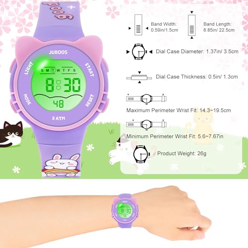 Detalle 2 de Juboos Montre Enfant avec Bracelet Imprimé et 7 Lumières Colorées – Étanche, LED et Oreilles de Chat