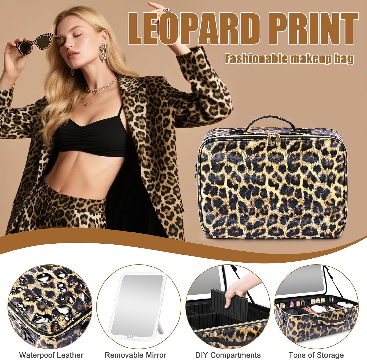 Thumbnail 1 de Large Makeup Bag with Removable Lighted Mirror — 38 x 30 cm, Adjustable Dividers and Brush Storage Board