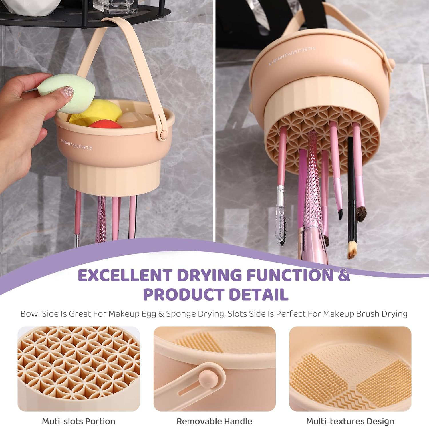 Detalle 2 de Makeup Brush Cleaner Mat 3-in-1 Silicone Bowl for Washing, Upside-Down Drying & Storage (Purple)