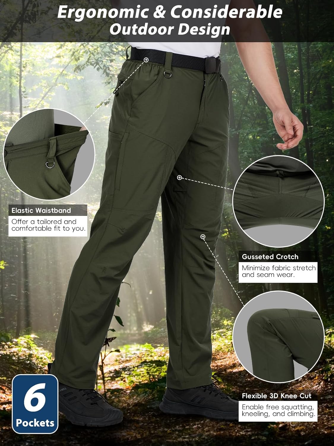 Thumbnail 3 de Mens Hiking Pants: Lightweight Cargo Work Pants with 6 Pockets and Waterproof Quick-Dry Nylon