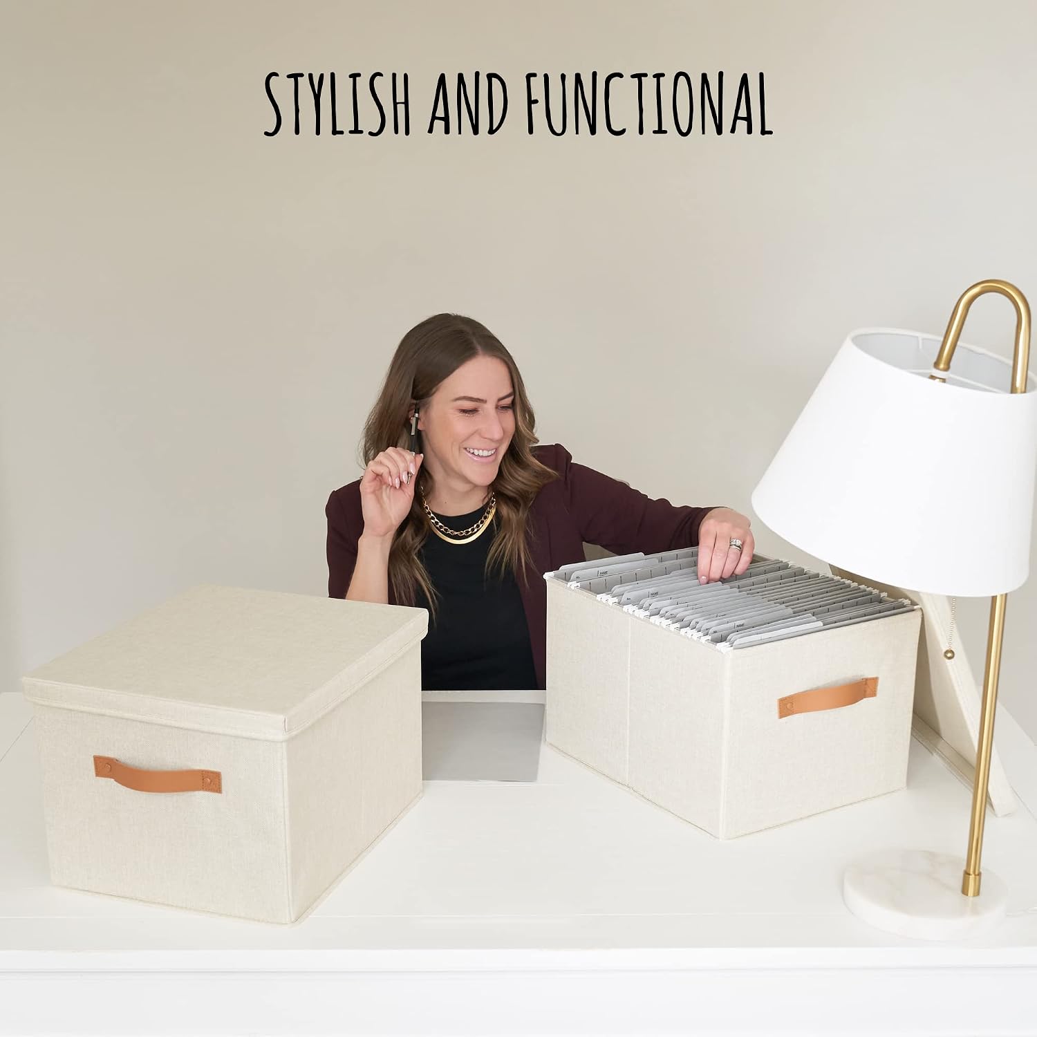 Detalle 2 de ZICOTO zic-mfilebox2-ivory-243 Linen File Organizer Boxes, Set of 2
