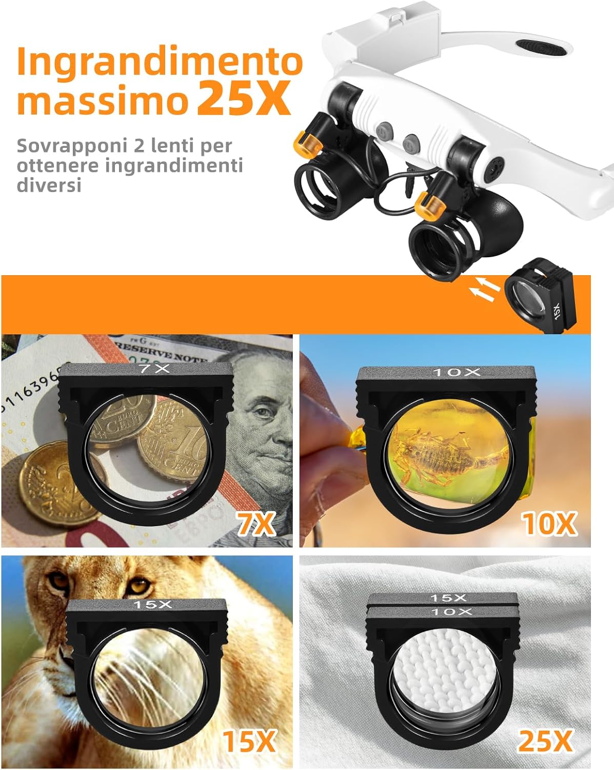 Detalle 1 de Anpro occhiali ingrandimento professionali con lenti LED e fino a 25X