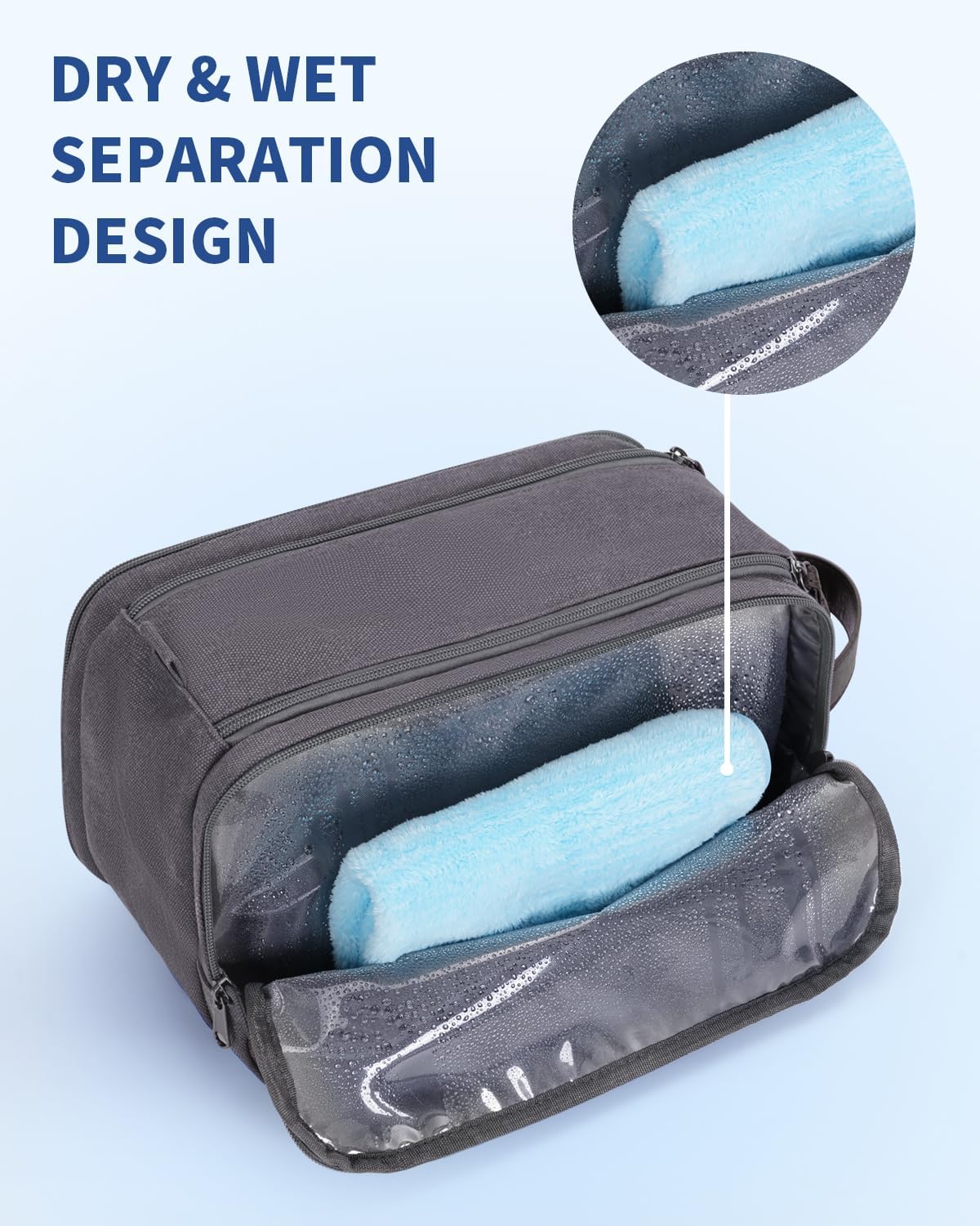 Detalle de WANDF Toiletry Bag for Men Travel Wash Bag: Large Capacity Dopp Kit in Grey (Water-Resistant Canvas & PU Leather)