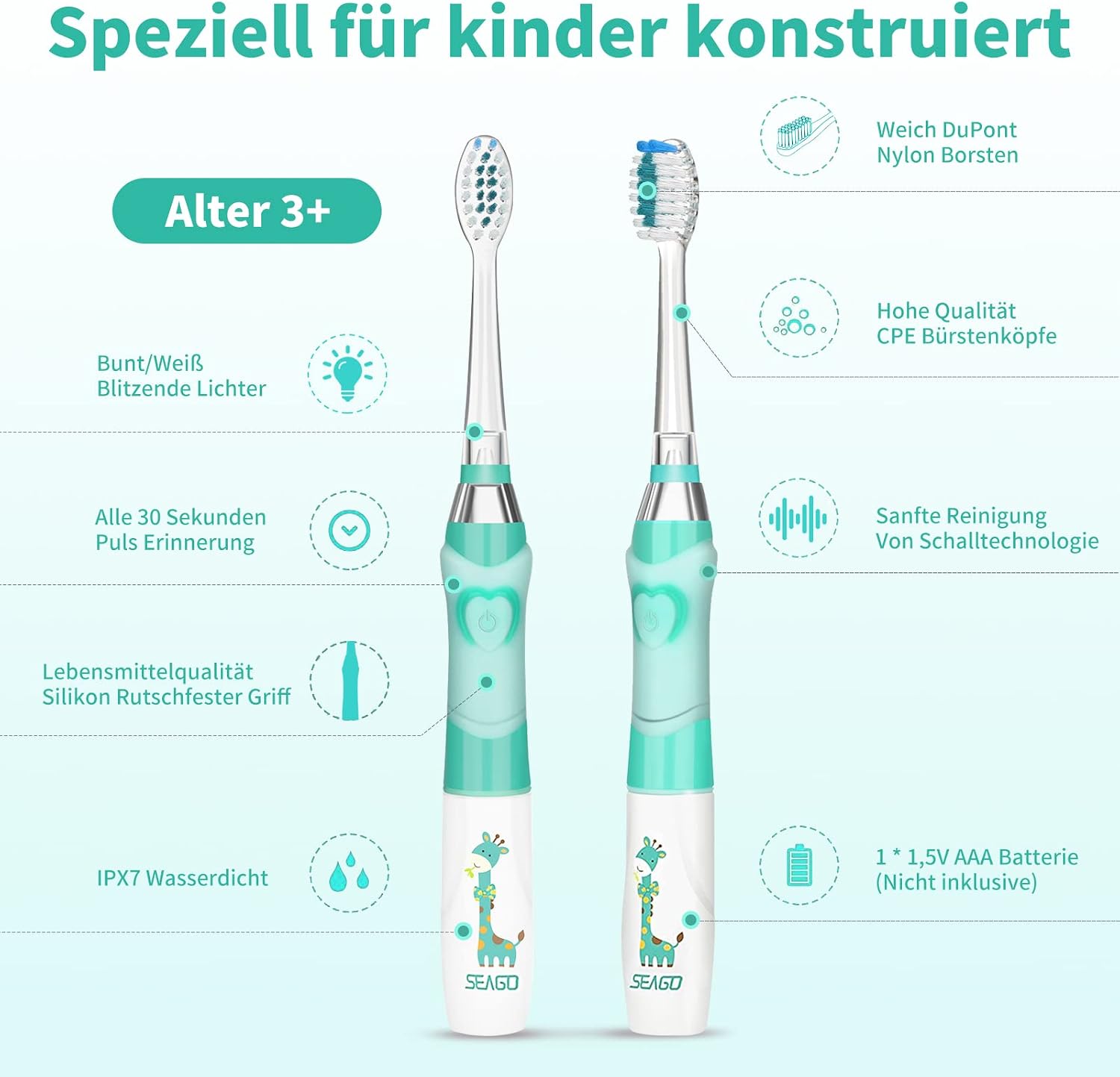 Thumbnail 6 de seago SG-977 Kinder-Elektrische Zahnbürste (grün) ab 3 Jahren mit Smart-Timer, LED-Licht und 4 weichen Bürstenköpfen