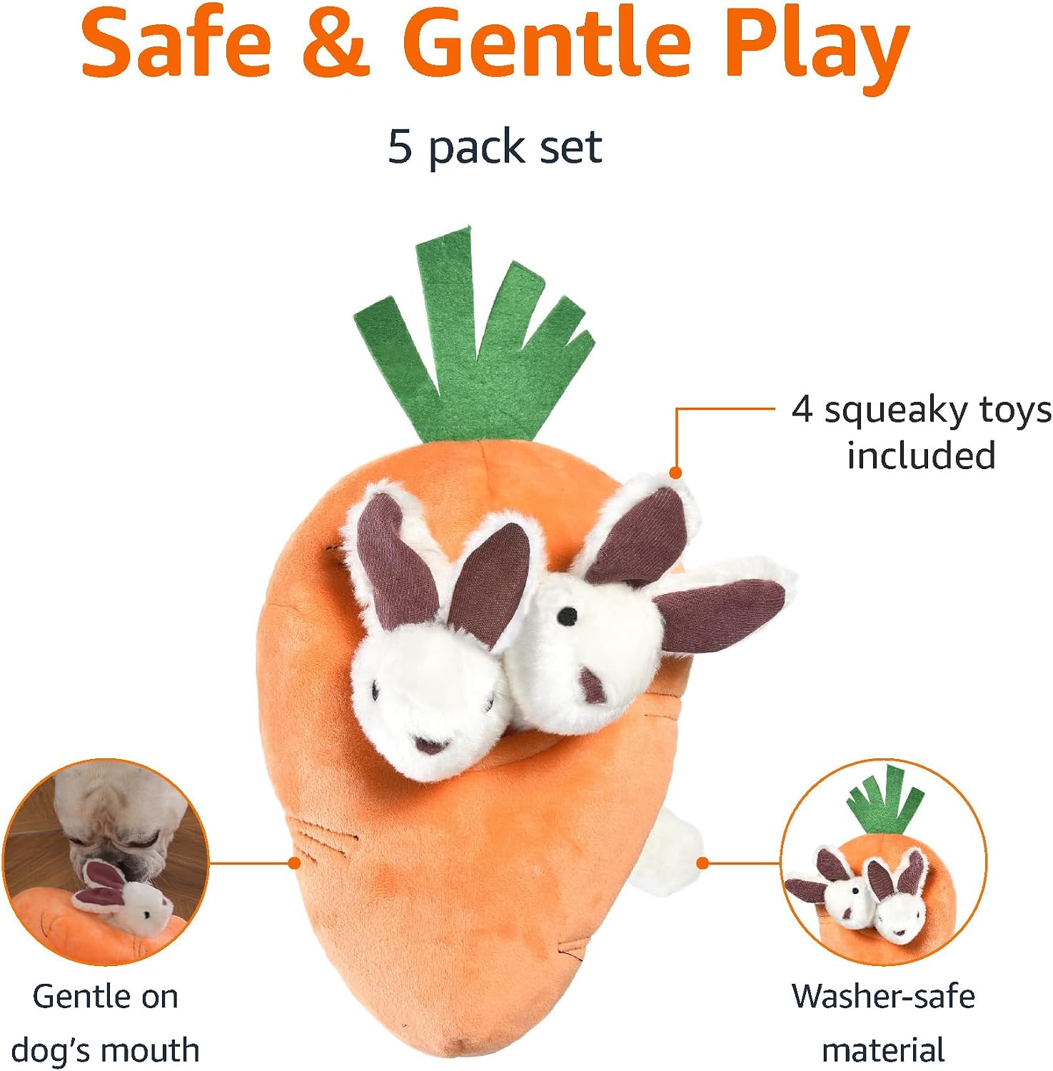Detalle 2 de Amazon Basics Rabbit and Carrot Puppy/Dog Toys for Hide and Seek – 5 Plush Toys (Orange and White)