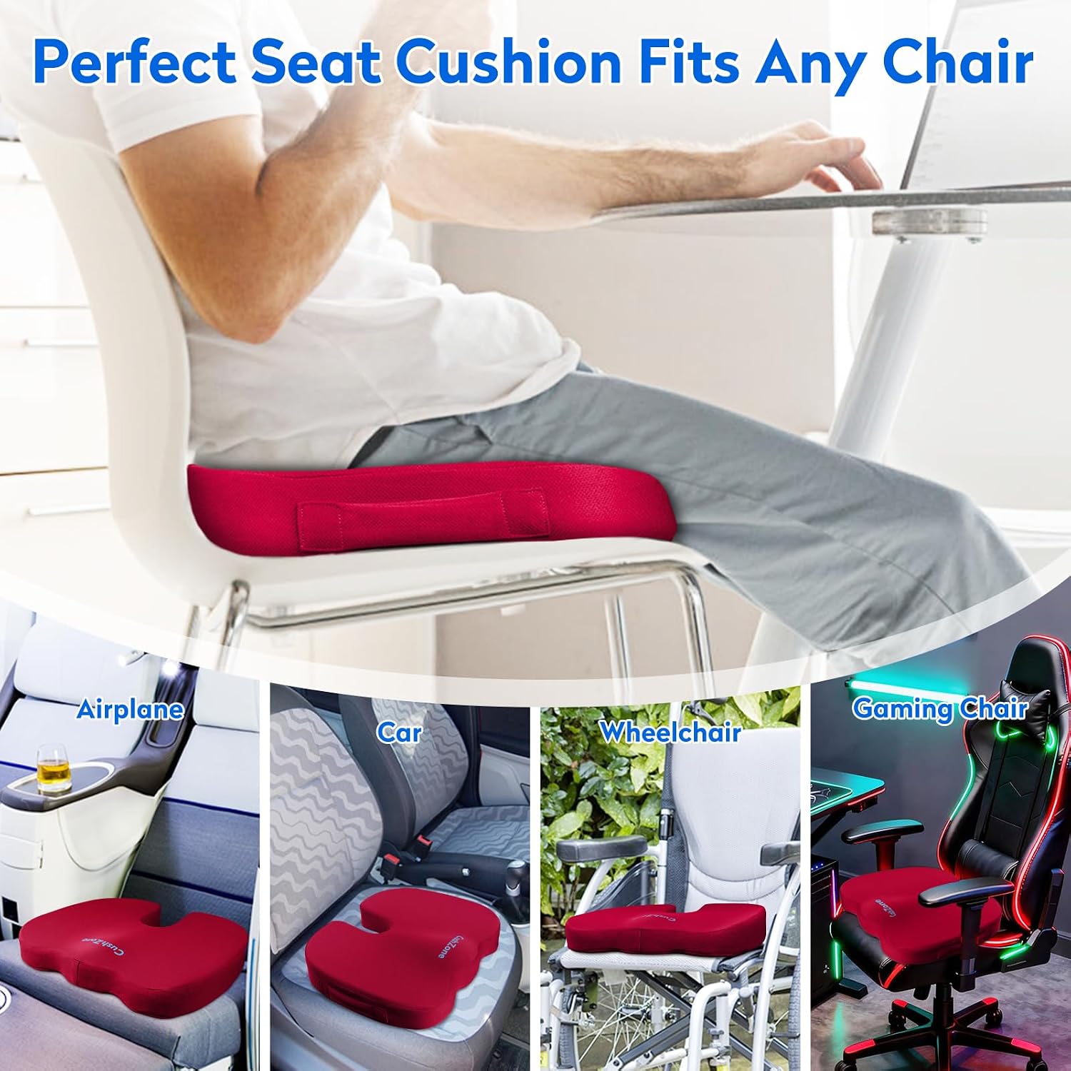 Detalle de CushZone MPN-CZ0004-RE Memory Foam Seat Cushion, Red, U-Shaped Cutout