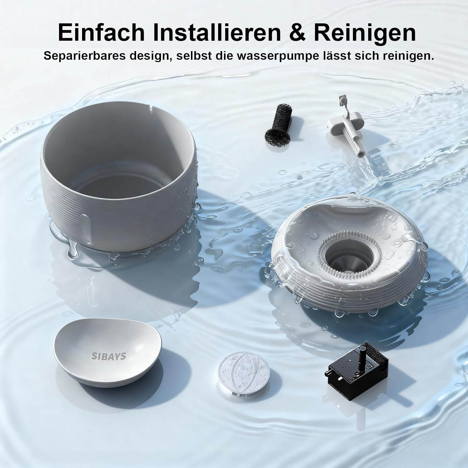 Detalle de SIBAYS Trinkbrunnen für Katze – 3,5 L, leise Pumpe, LED-Fenster und 2 Aktivkohlefilter (FS77, GY)