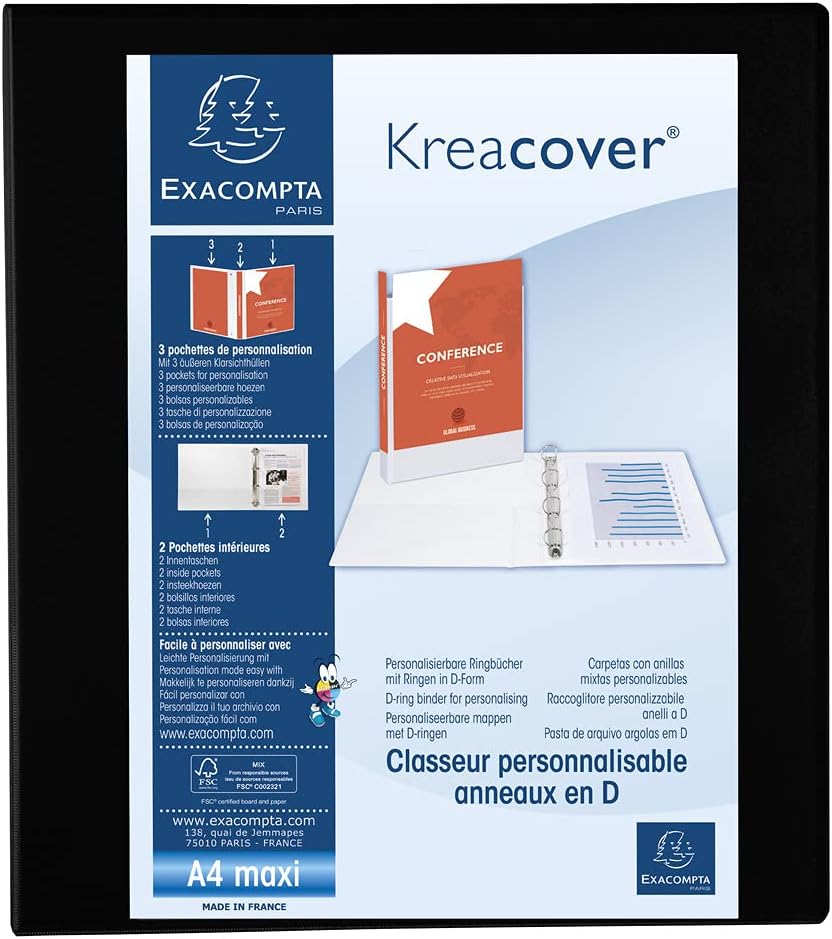 Exacompta 51843NE Classeur opaque rigide 4 anneaux D 40 mm, 32 x 28,5 cm, noir