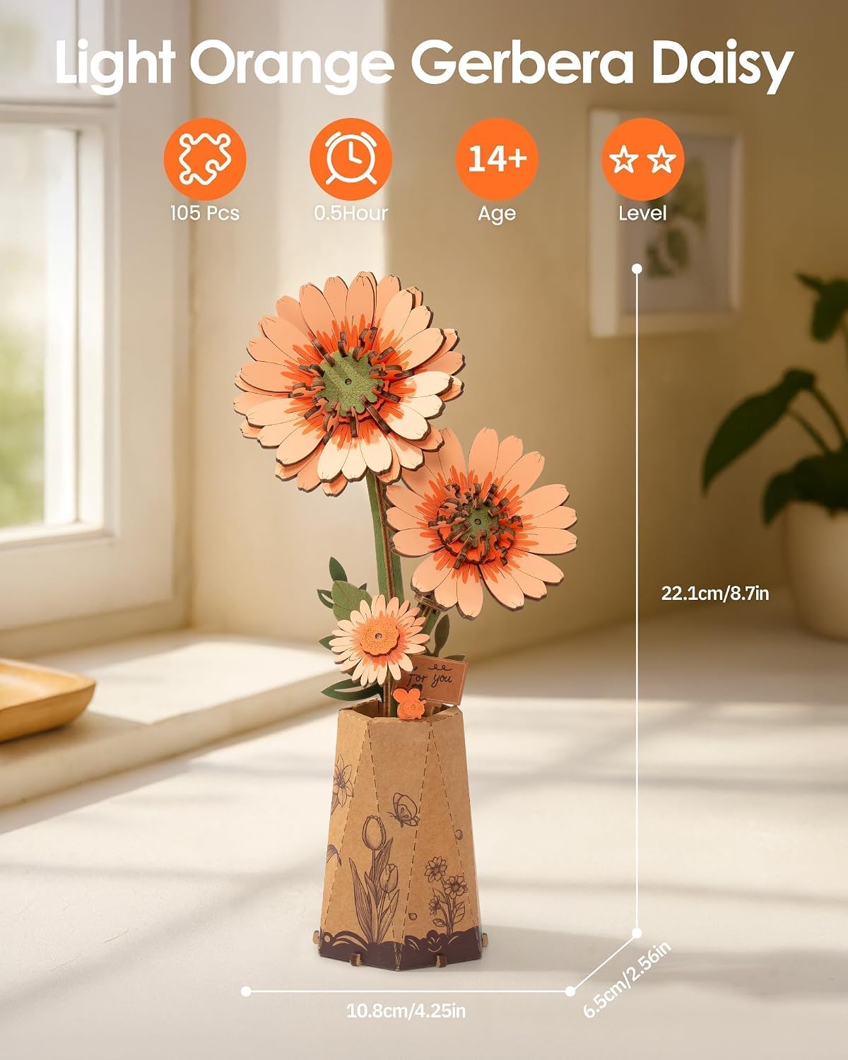 Detalle de ROBOTIME 3D Wooden Flowers Puzzle Light Orange Gerbera Daisy – DIY Kit for Adults