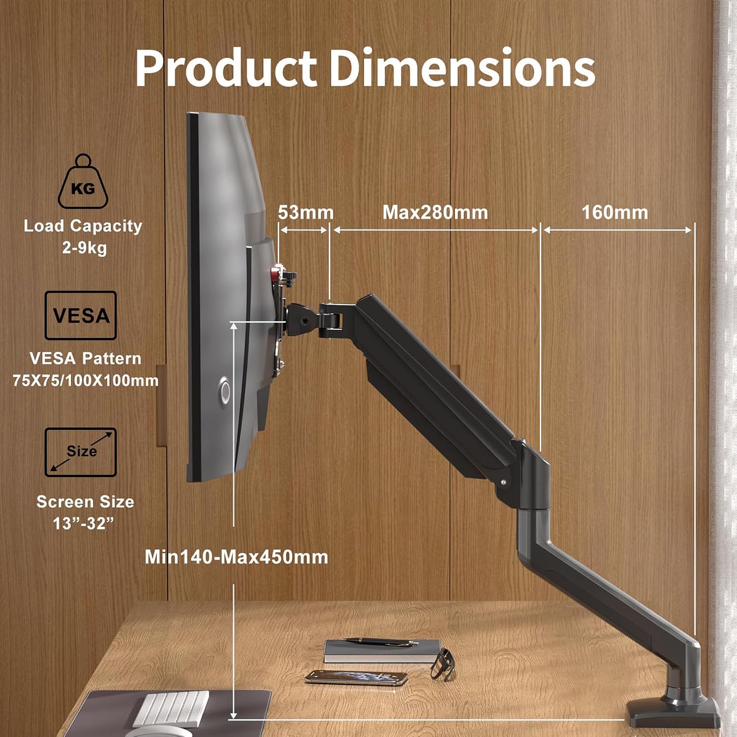 Detalle 2 de suptek MD01A monitorarm voor 13–32 inch, met gasveer en VESA 75/100 mm