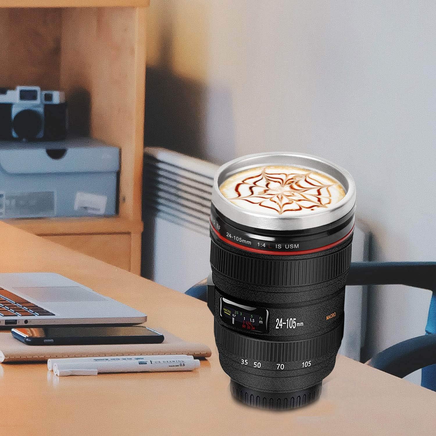 Thumbnail 5 de SLOSH Reisebecher mit Kamera-Objektiv-Optik und 2 Deckeln – Thermobecher im Tumbler-Stil, BPA-frei (GE-II-V)