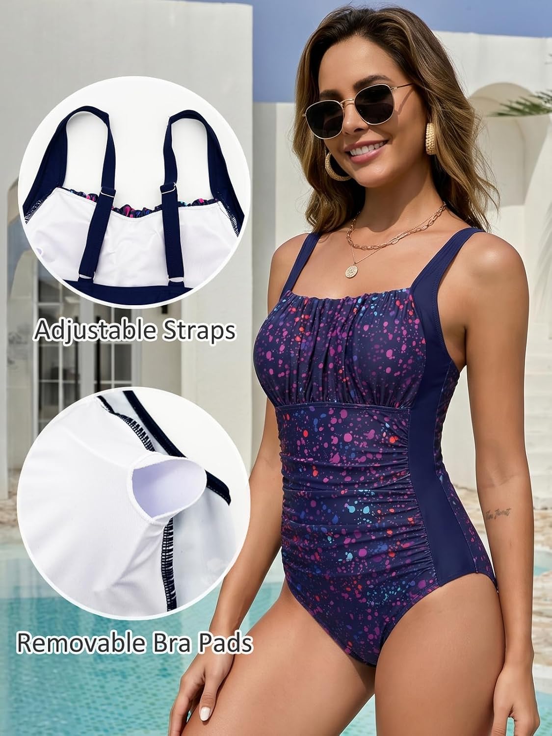 Detalle de FLYILY Maillot de Bain 1 Pièce Femme Vintage Ruché – Soutien et évasement du ventre