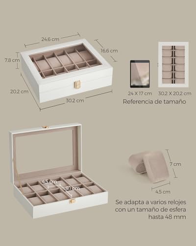 Detalle de SONGMICS JWB120W01: Caja de Relojes con 12 Compartimentos y Tapa de Cristal en Cuero Sintético Blanco Nube