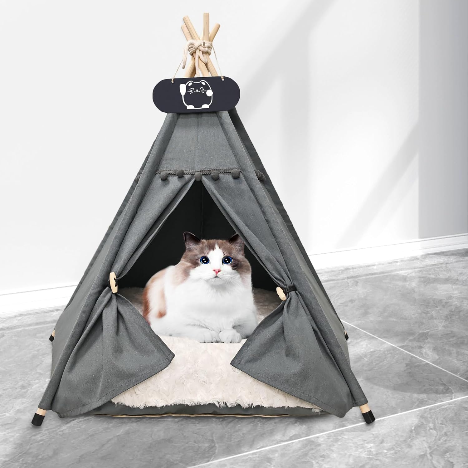 Detalle de Whiwhi Tipi Zelt für Haustiere – Luxus Hundehöhle mit abnehmbarem Doppel-Kissen, 60x60x70 cm