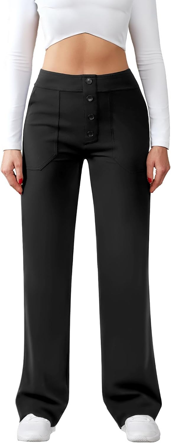 Detalle de JEKAOYI High-Waisted Straight-Leg Work Pants with Stretch and 4 Pockets