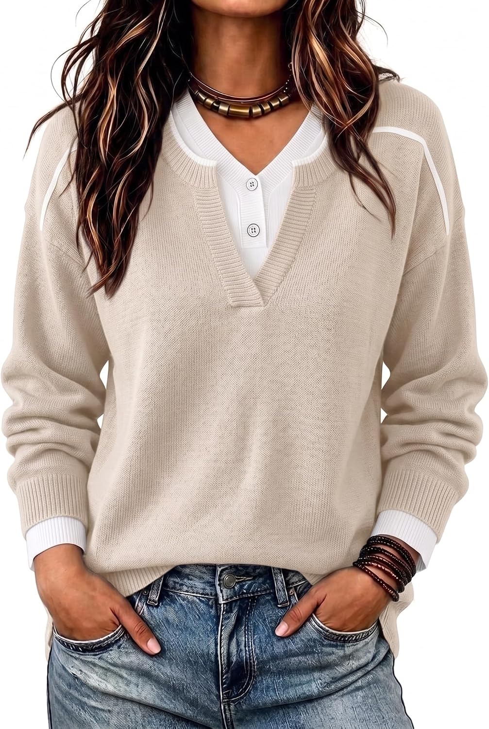 Detalle 2 de Women's Henley Pullover Sweater, Viscose Blend