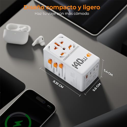Detalle de TESSAN 140W GaN Adaptador de Viaje: Cargador USB-C 140W + USB-A 18W y toma universal 2500W