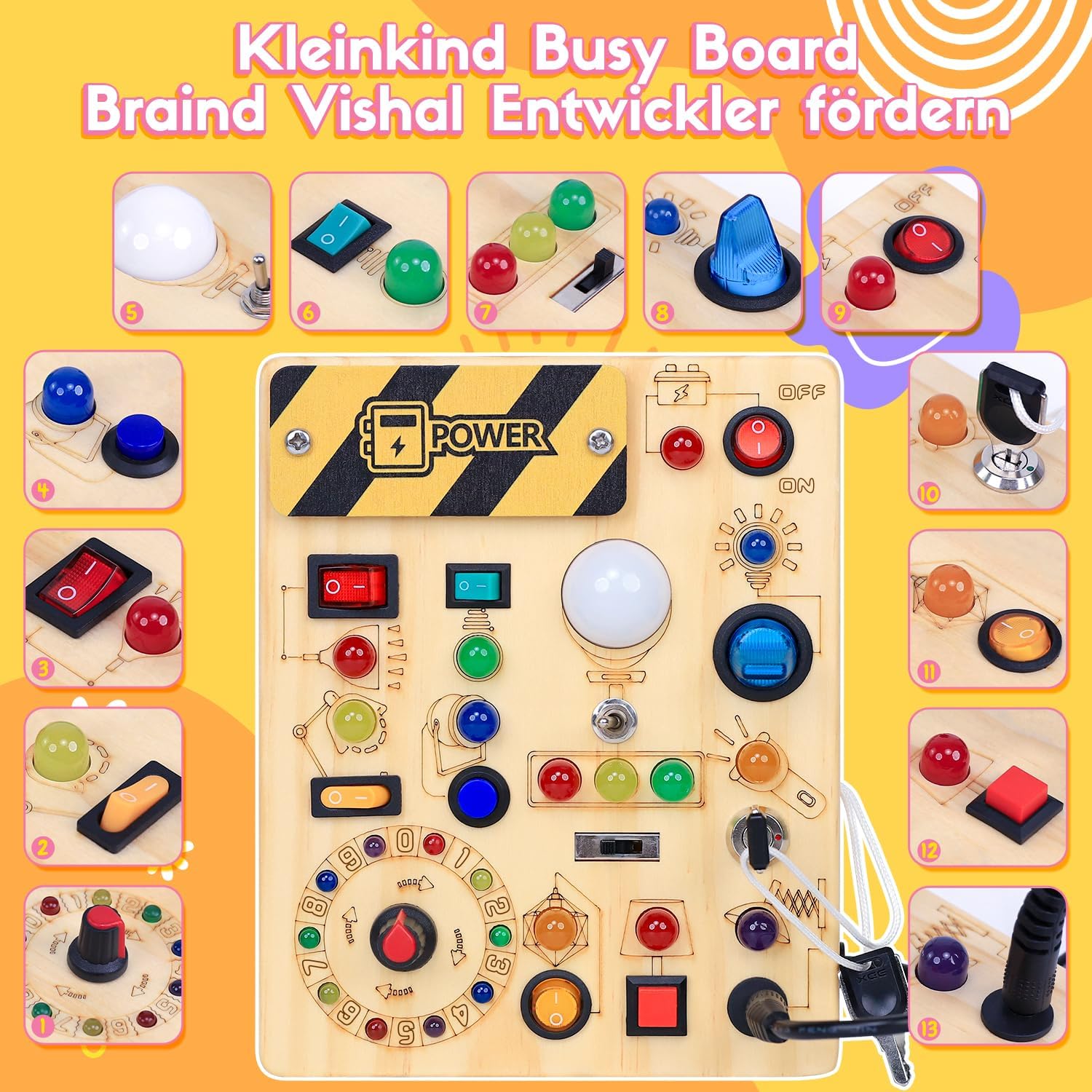 Thumbnail 1 de Montessori Busy Board ab 1 Jahr – Activity Board aus Holz mit 13 Schaltern und 24 LED-Leuchten
