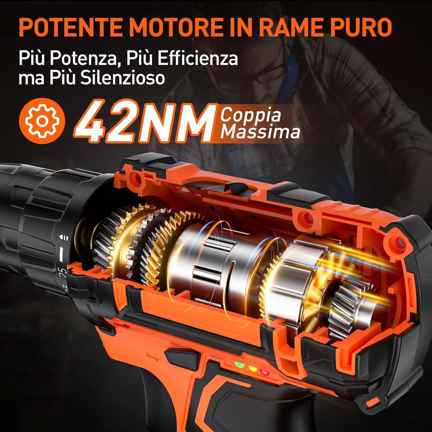 Detalle de Trapano Avvitatore a Batteria 20V con 2 Batterie 2.0Ah – Max 42Nm, 25+1 Coppia, LED e 24 Accessori