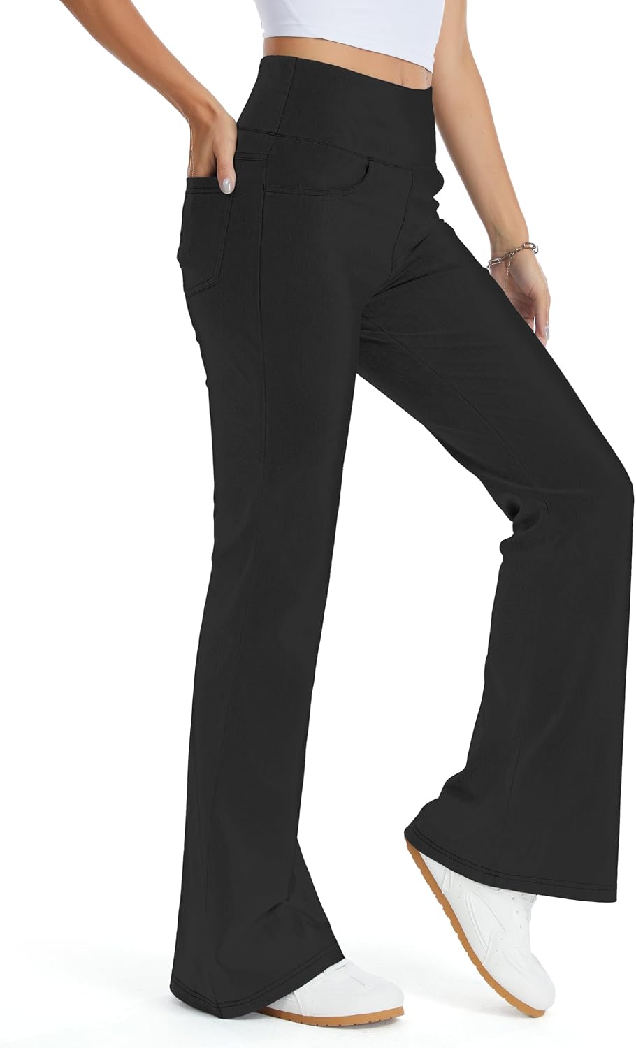 Detalle de THE GYM PEOPLE High Waist Bootcut Jeans Damen mit Bauchkontrolle & Taschen (Stretch-Denim, weites Bein)