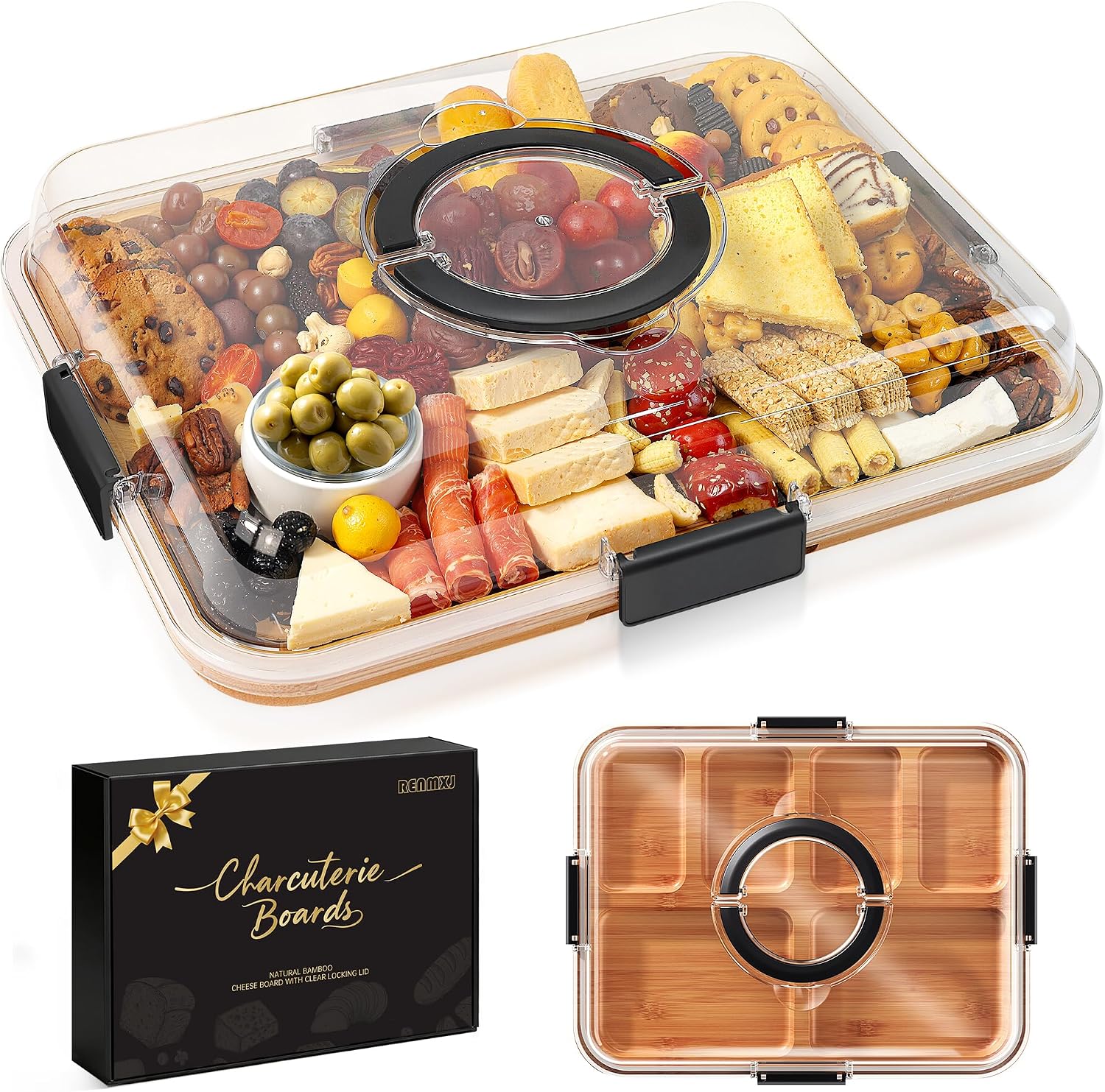 Renmxj Charcuterie Board with Clear Lid 6 Compartments