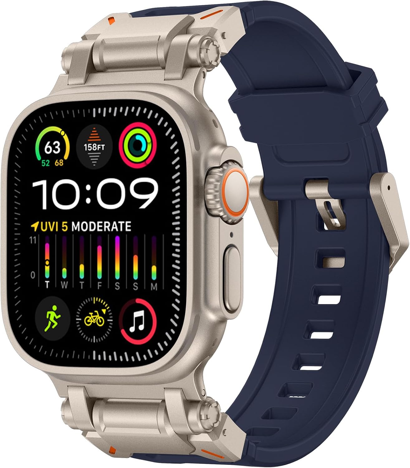 Detalle 2 de Fullife silicone Apple Watch sport strap with stainless steel connector (blue, titanium-style connector) for 42–49mm