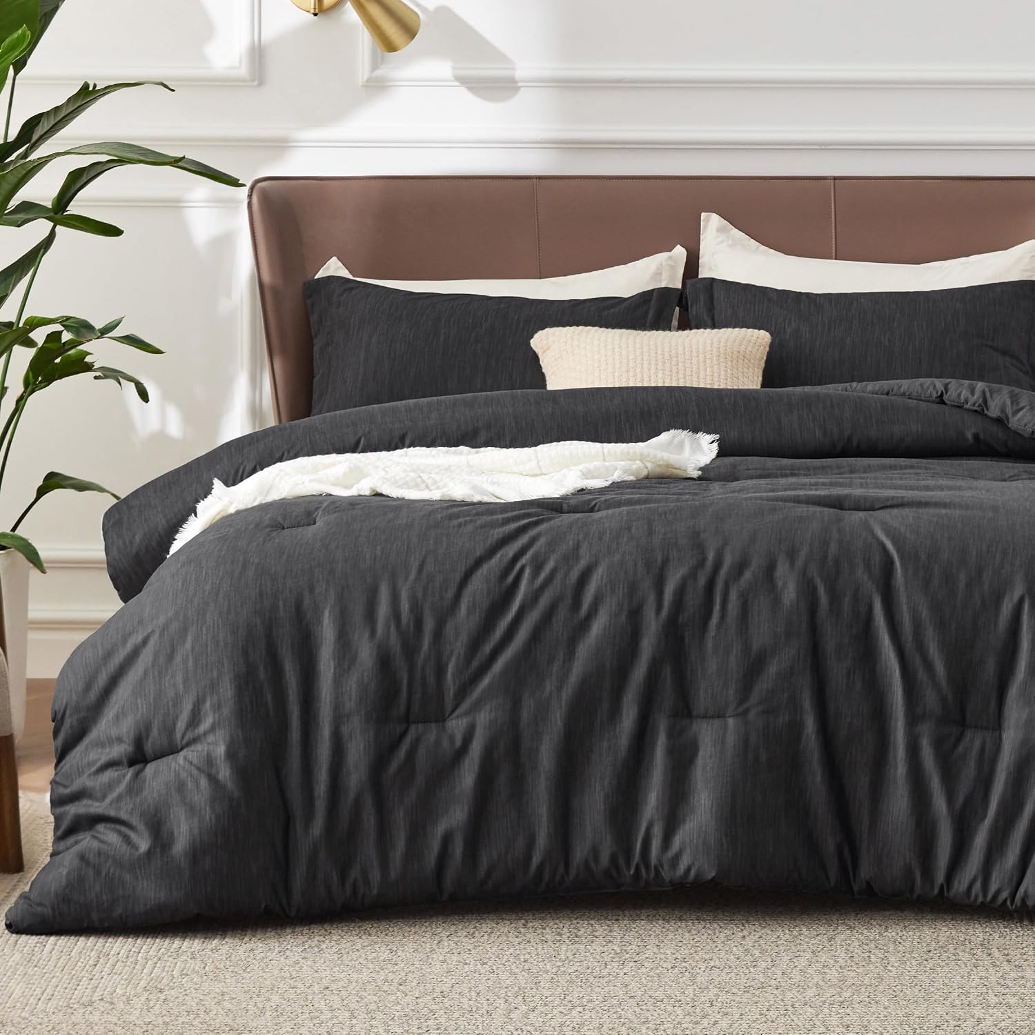 Detalle de Bedsure Queen Comforter Set, Charcoal Melange Brushed Microfiber, 3-Piece