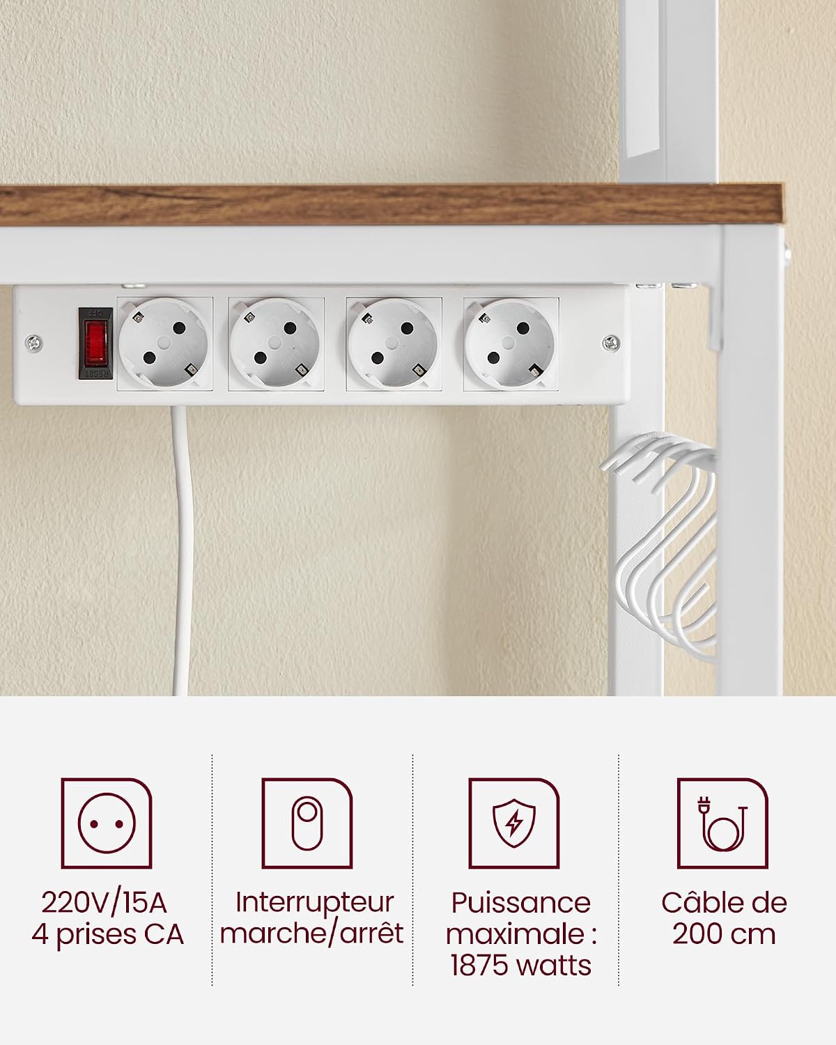 Detalle de VASAGLE KKS025W41EU keukenrek met stekkerdoos, 5 legplanken en 14 haken