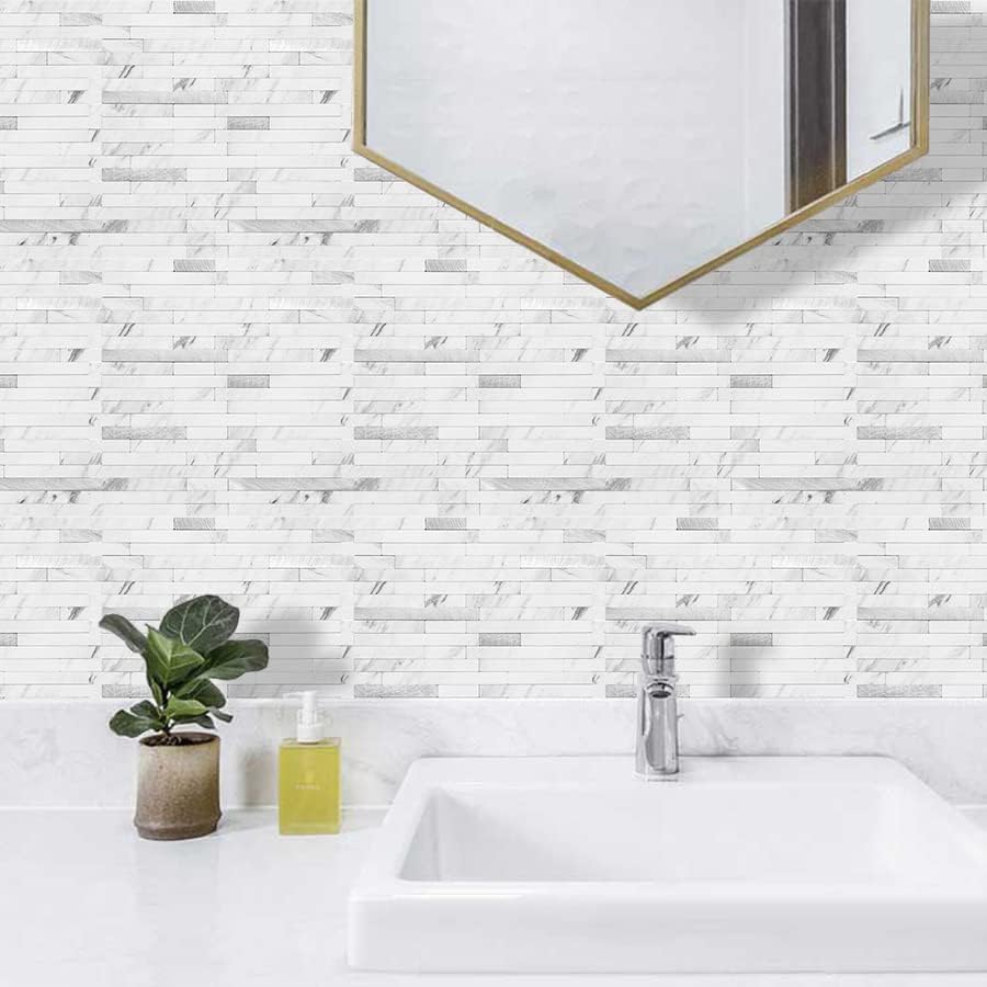 Detalle 1 de AULIGET 20 Sheets Faux Stone Peel and Stick Backsplash Tiles (White Marble Look) for Kitchen