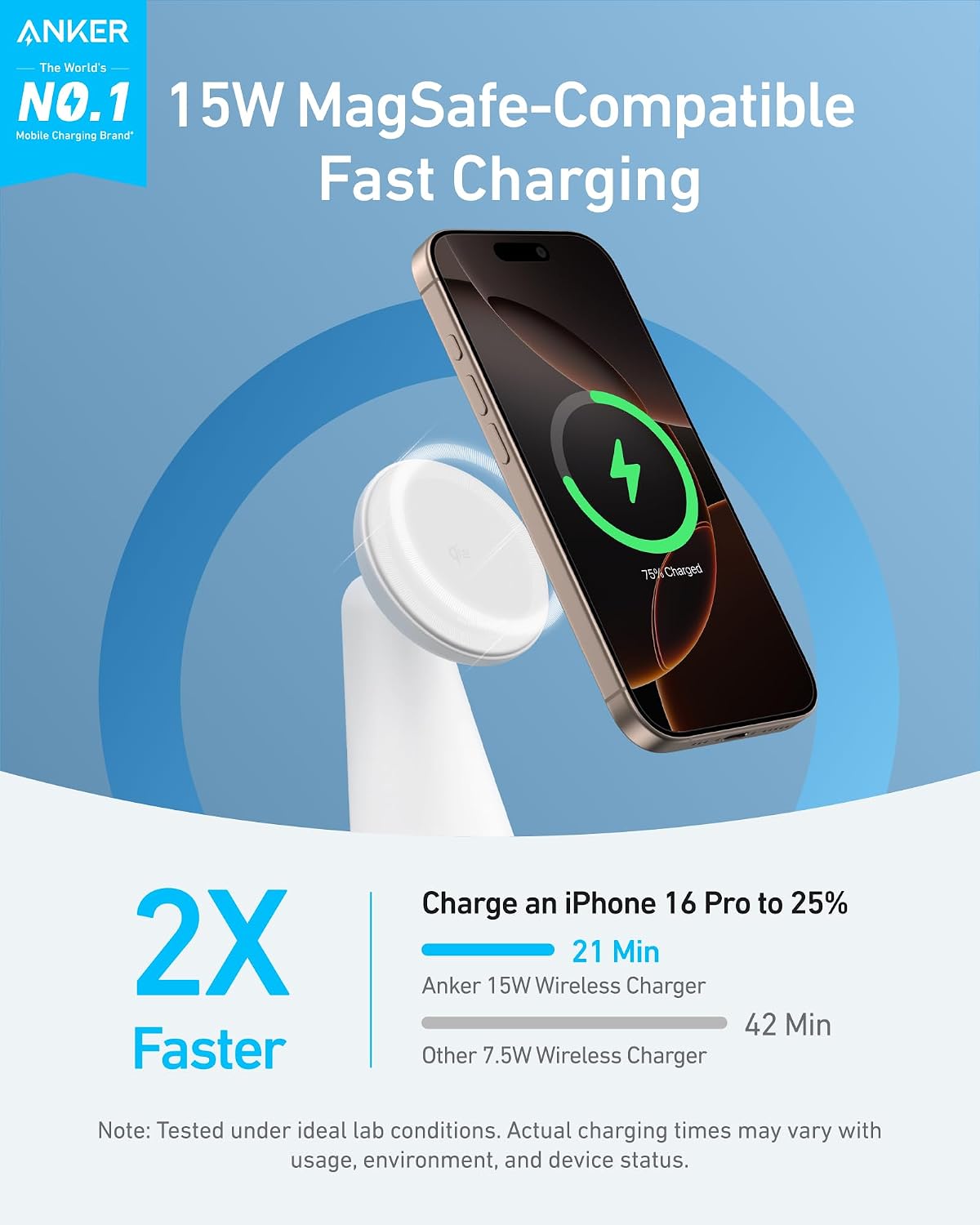 Detalle de Anker MagSafe Compatible 2-in-1 Charging Stand for iPhone 16 Wireless Charger (Qi2 Certified 15W)