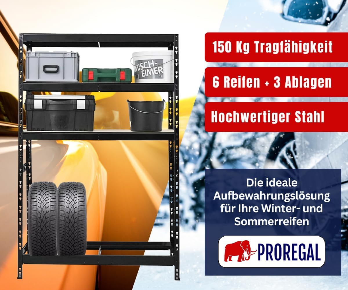 Detalle de PROREGAL Reifenregal Tiger (180 x 120 x 40 cm) für bis zu 6 Reifen + 3 Ablagen, Schwarz
