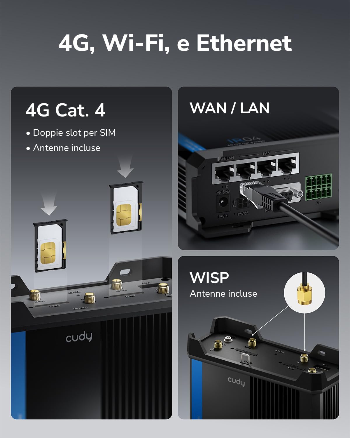 Detalle de Cudy IR04 Router Wi‑Fi industriale 4G LTE N300 Cat 4 con doppia SIM e PoE (RS232/422/485, IP30)