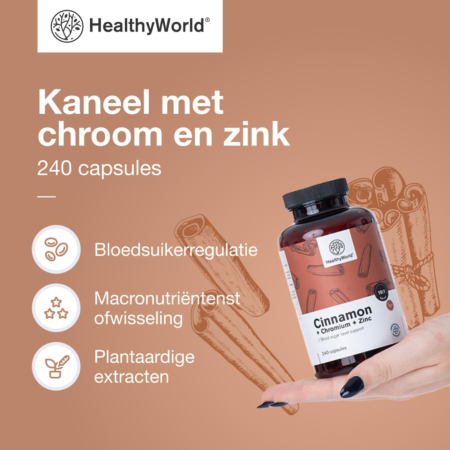 Detalle 2 de HealthyWorld Kaneel met Chroom en Zink capsules, 240 stuks, vegetarisch