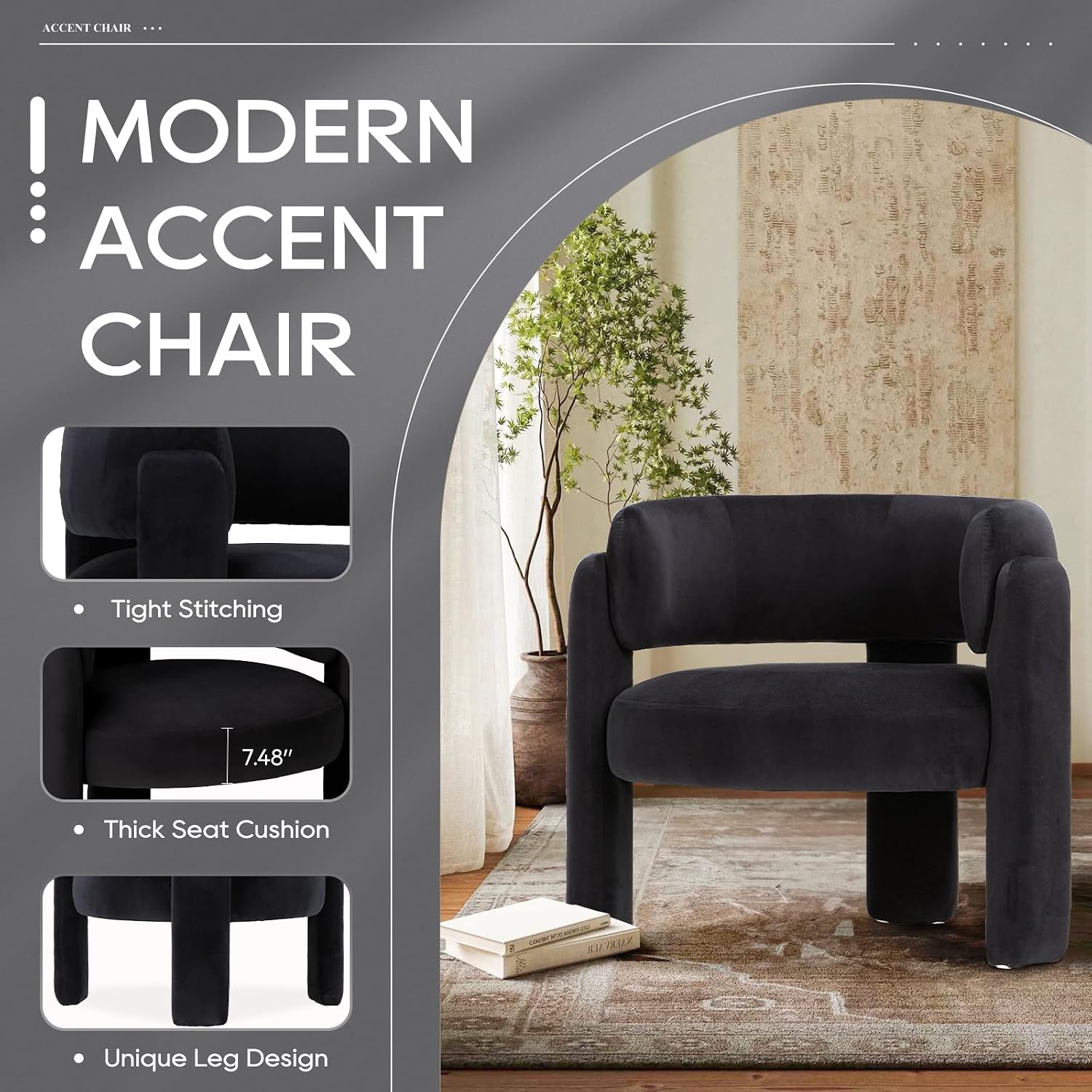 Detalle 2 de COLAMY W181 Velvet Accent Chairs, Set of 2, Black, Barrel Style