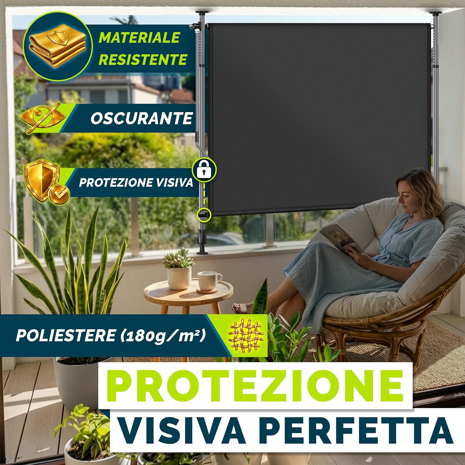 Thumbnail 2 de tillvex® Tenda da sole verticale esterna 150 x 310 cm Anthracite con manovella – senza fori, frangivista, allungabile e opaca