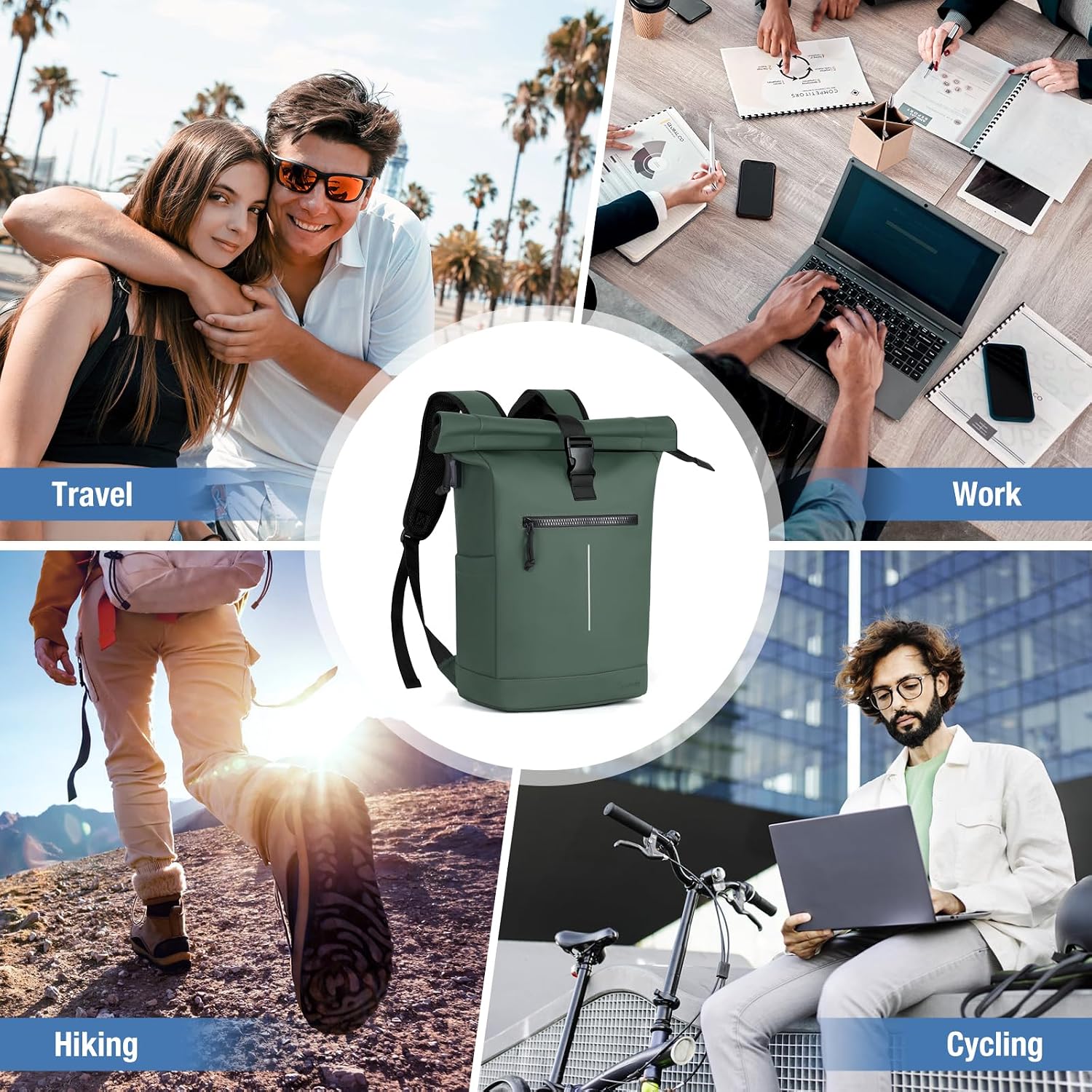 Thumbnail 6 de Lekeinchi Rolltop Rucksack wasserdicht – Laptop-Rucksack für 17 Zoll, Rolltop-Daypack (grün, XL)