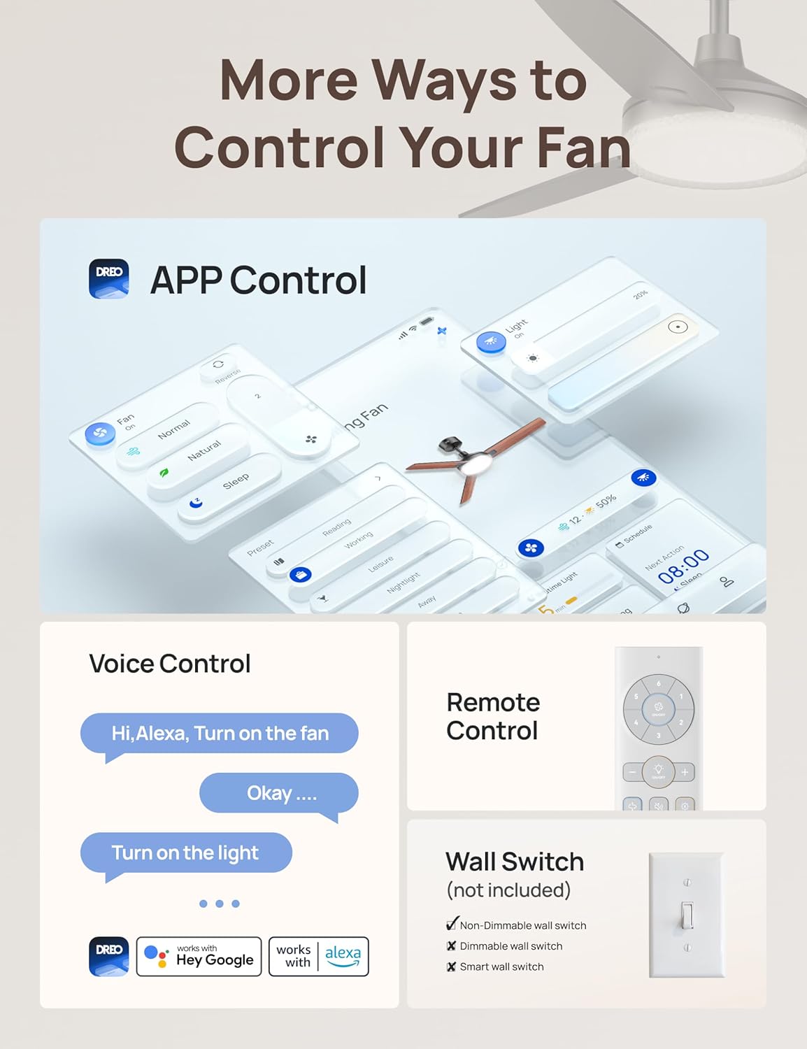 Thumbnail 2 de DREO 52 Inch Smart Ceiling Fan with Lights: Quiet, Colour-Tuned illumination and voice‑control