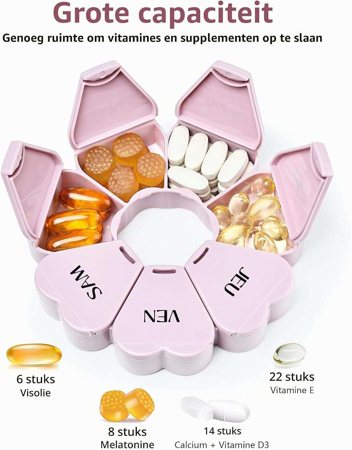 Detalle de FHORAIN R-1234 wekelijkse pillendoos, 7 vakken, rond en draagbaar