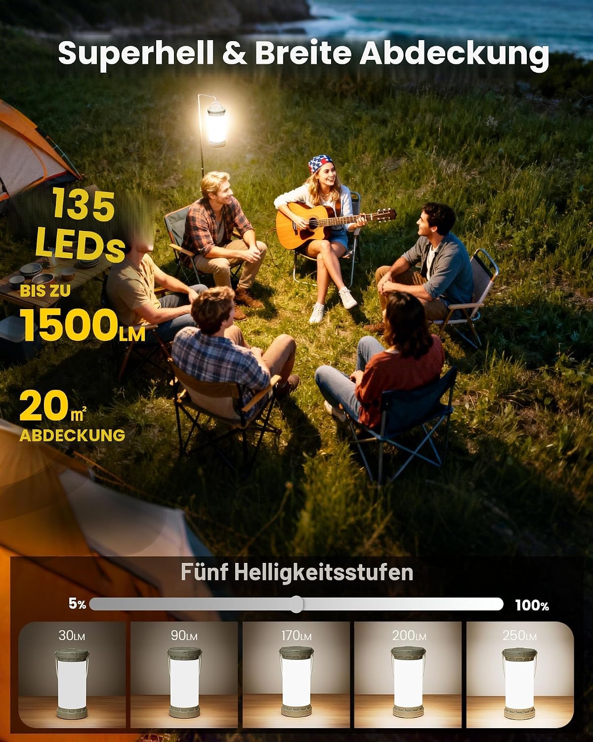Detalle 2 de Glocusent Campinglampe & Zeltlampe: 1500 lm, 135 LED, 200 Stunden Laufzeit, 5000 mAh, USB-C, 3 Farben, SOS – kompakt und robust