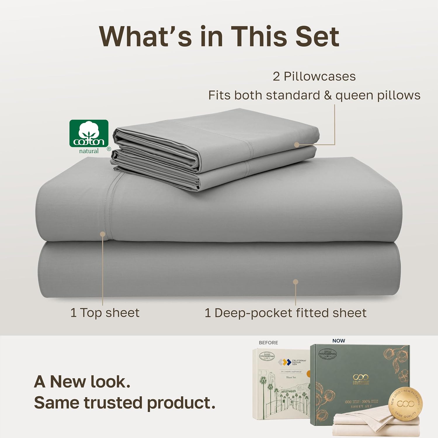 Detalle de California Design Den 600 Thread Count Full Sheet Set, Cotton Sateen, Light Grey