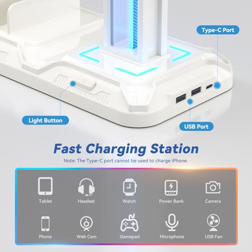 Detalle de KDD Soporte de Auriculares Gaming con Puertos USB-C y Iluminación LED (Blanco)