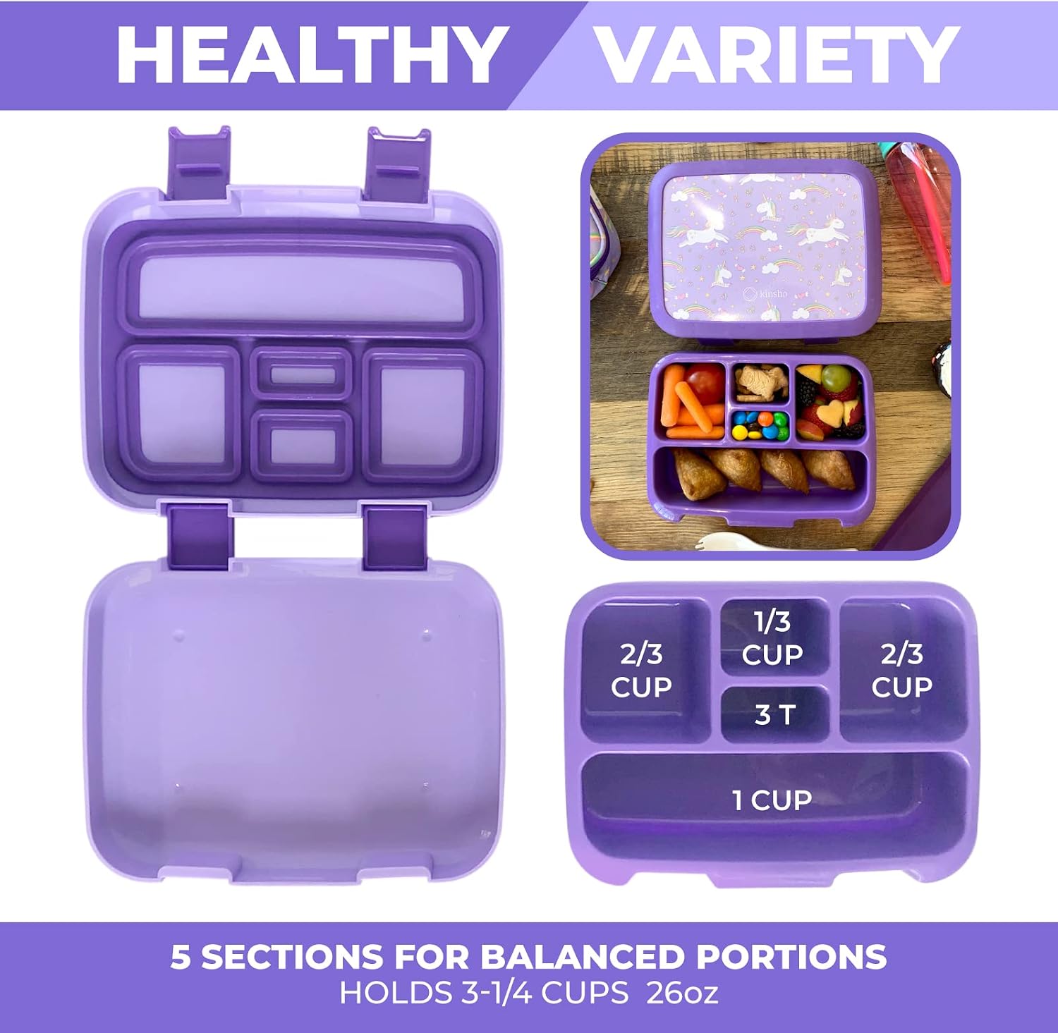 Thumbnail 4 de Bento Box Lunch Box for Toddlers 5-Section Purple Unicorn 🥡