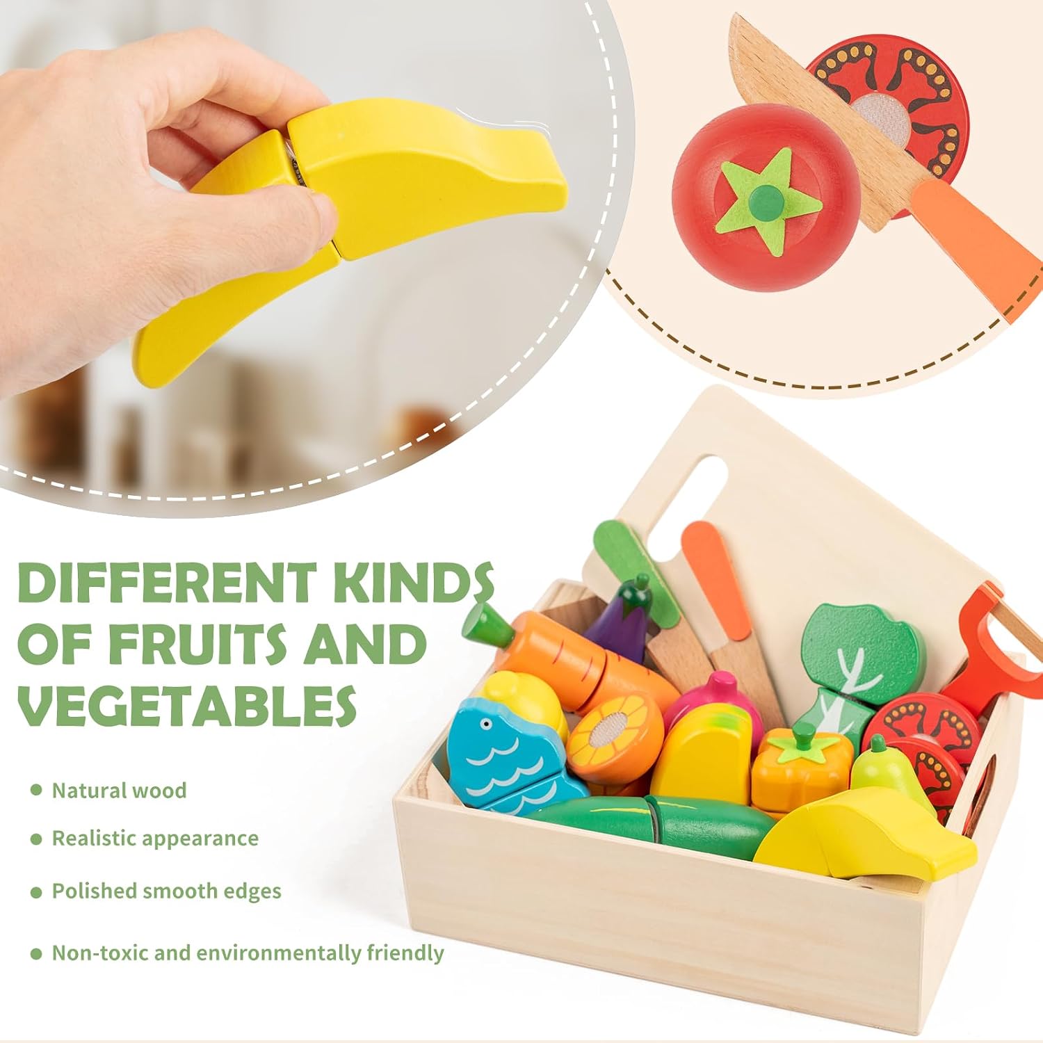 Detalle 2 de FMSKS Wooden Play Food – A colourful, Velcro-cut fruit set for imaginative play