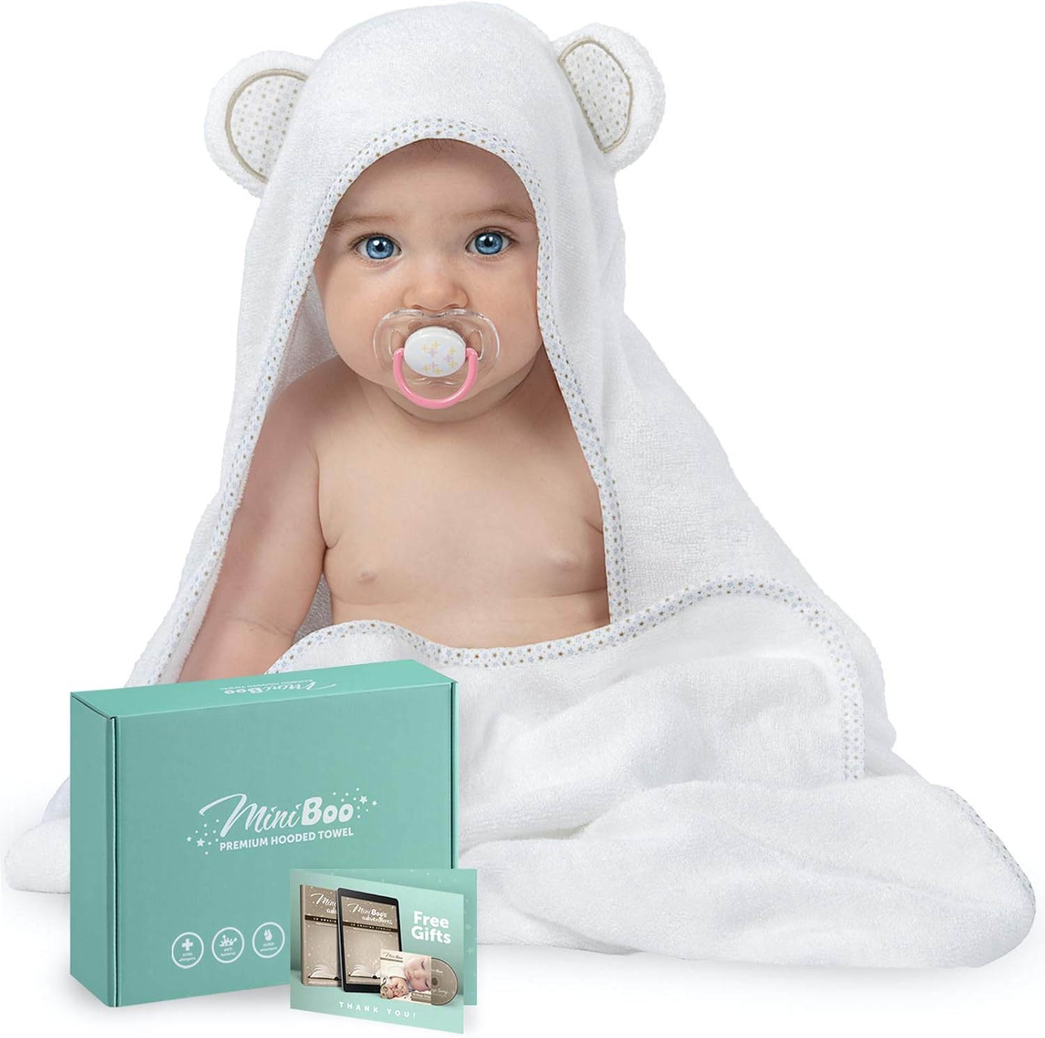 Detalle de MINIBOO Premium Bamboo Baby Towel with Hood (32 x 32 in) – Super soft, absorbent hooded towel for newborns