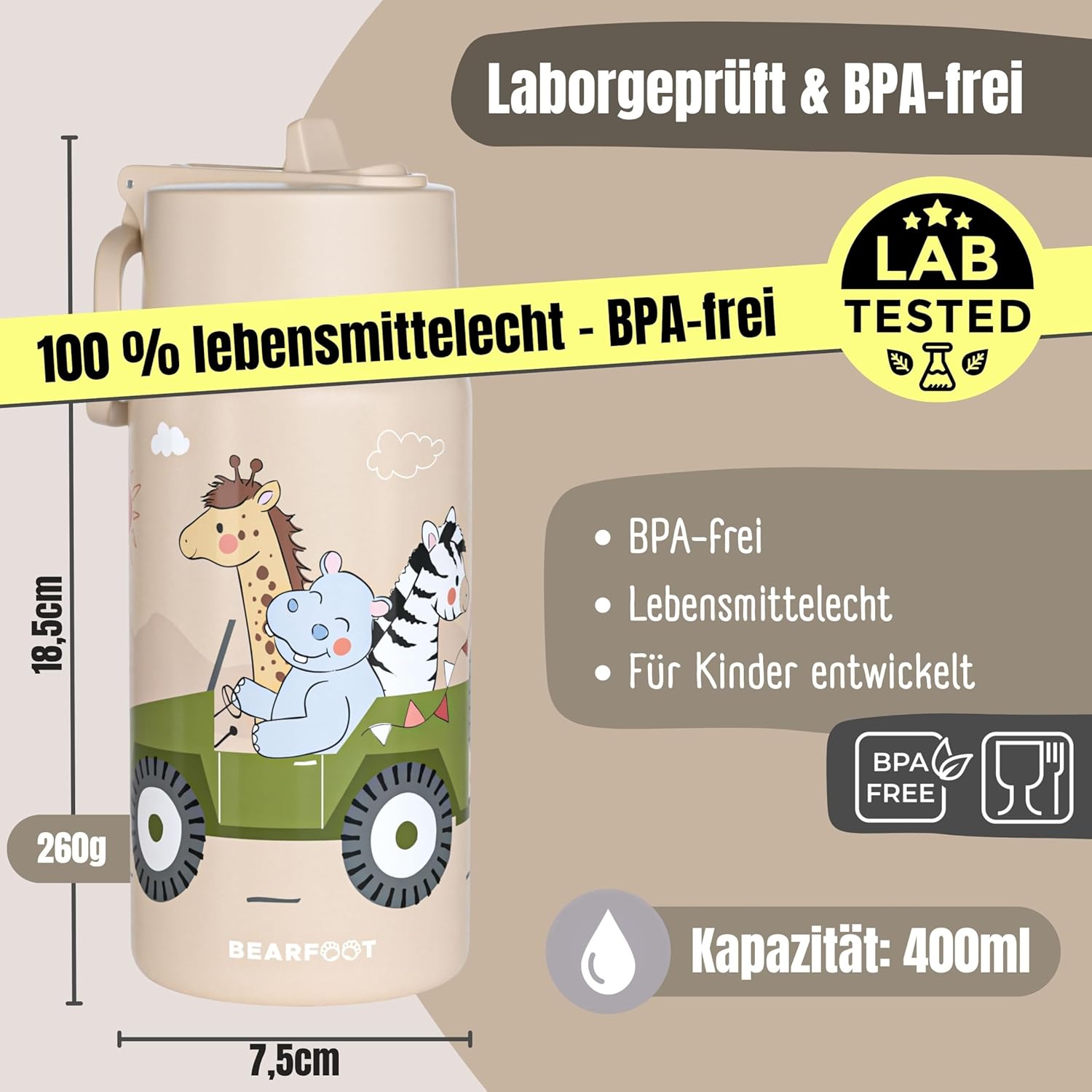 Thumbnail 3 de BEARFOOT Trinkflasche Kinder Edelstahl 400 ml mit Strohhalm – Beige Safari