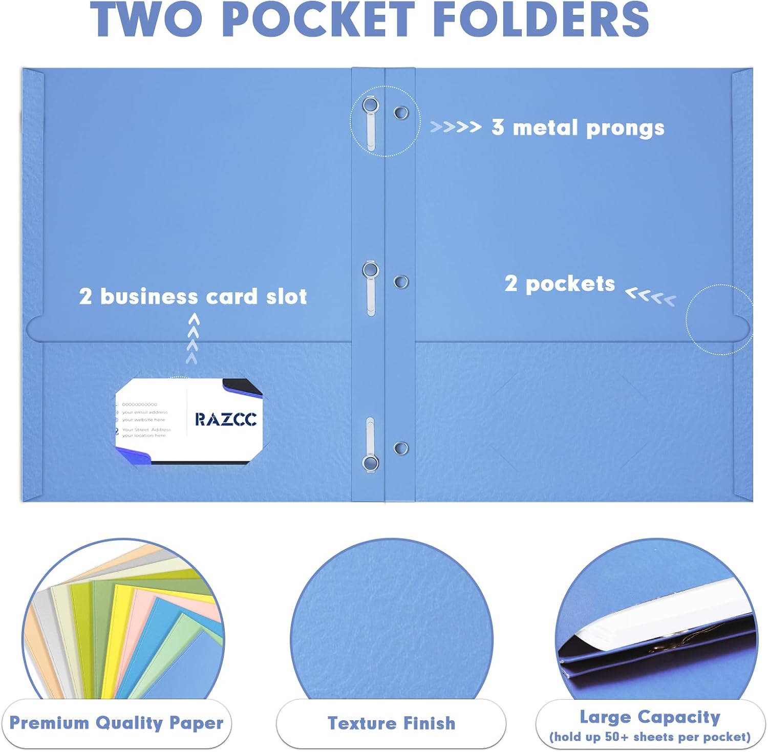 Detalle de RAZCC Two Pocket Folders with Prongs, Letter Size, 10 Colors, 100-Pack